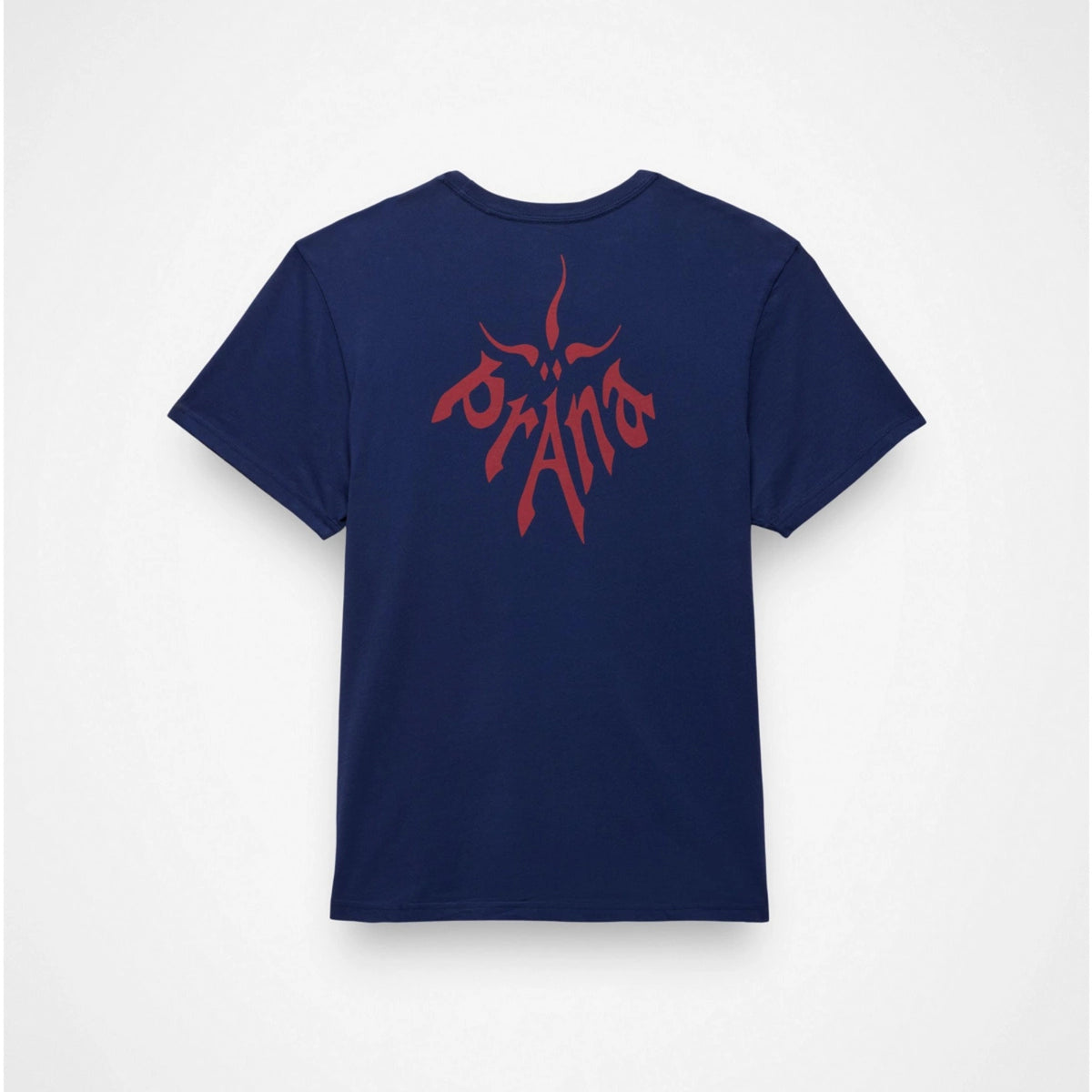 Navy blue t-shirt with red logo on a white background