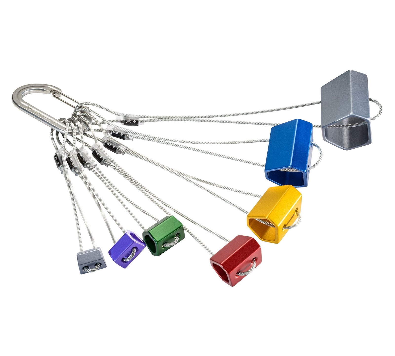 Black Diamond Wired Hexentric nut Set with sizes 4-10 shown in various colours gathered on a biner