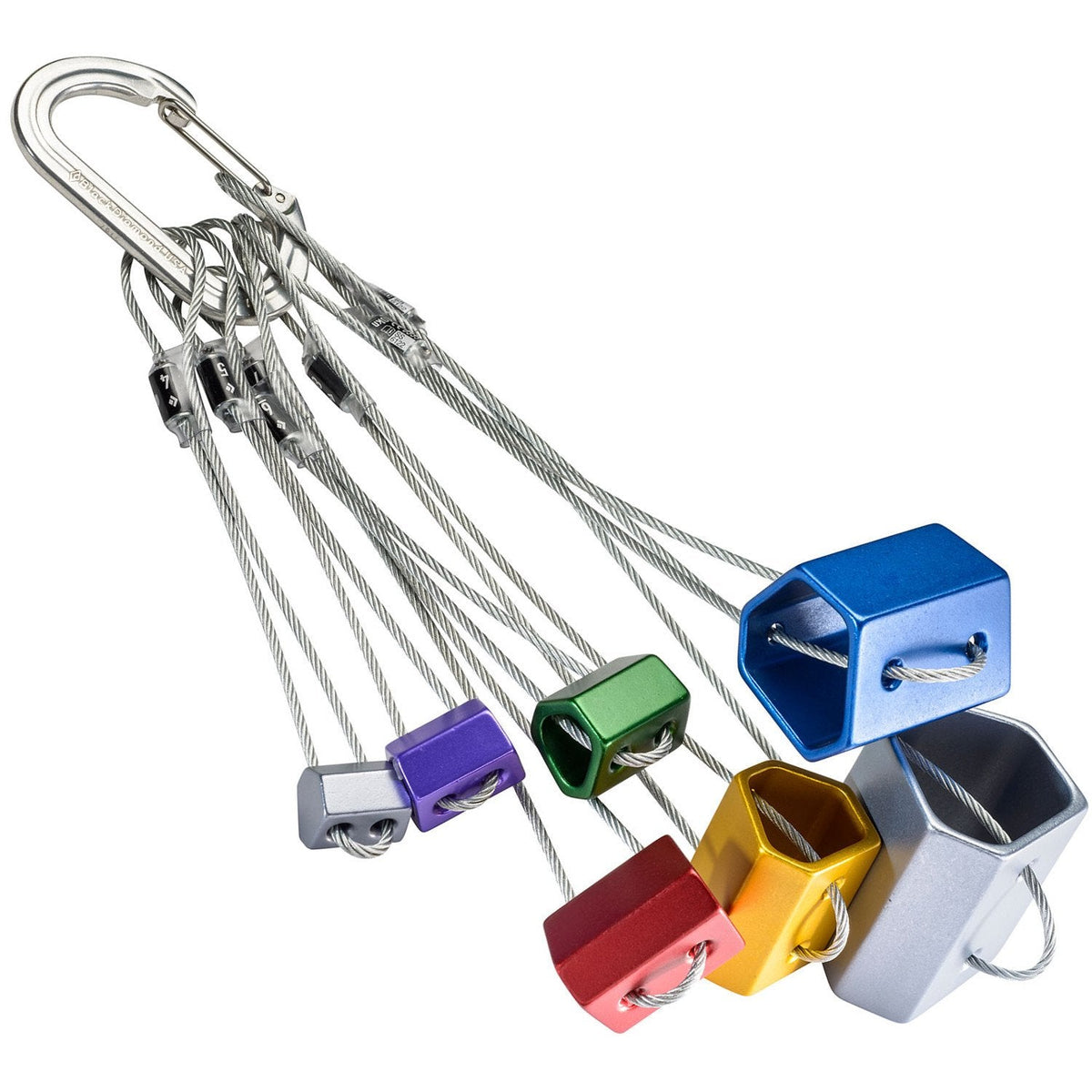 Black Diamond Wired Hexentric nut Set with sizes 4-10 shown in various colours gathered on a biner