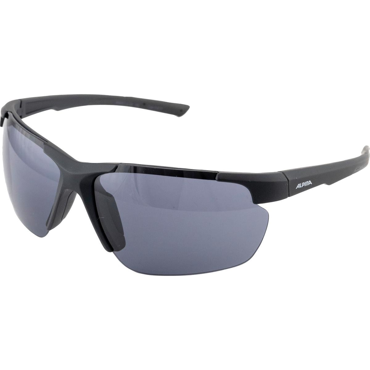 Sunglasses with black frame and dark lenses on a white background