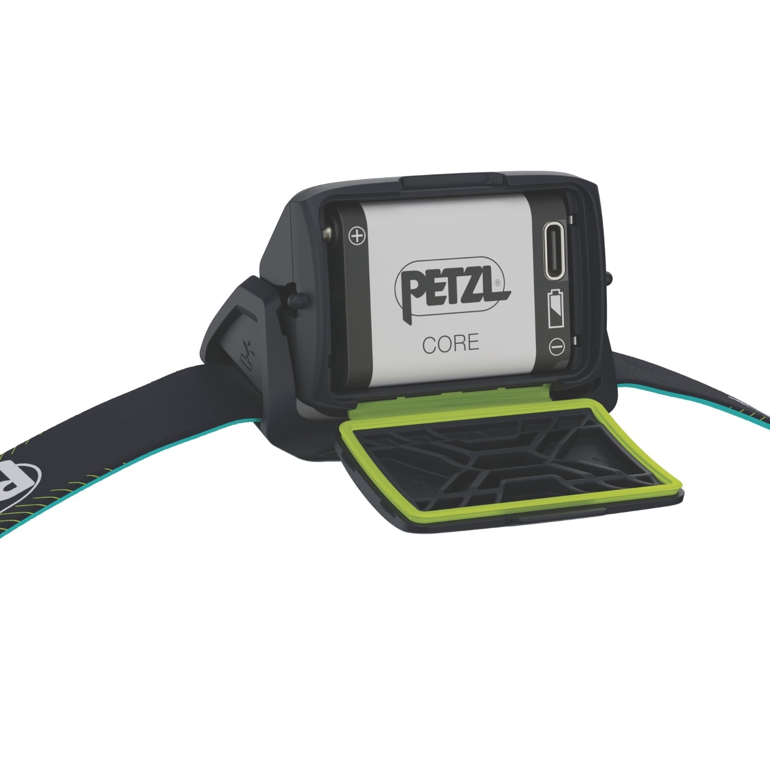 Headlamp with teal strap and black and green body on a white background