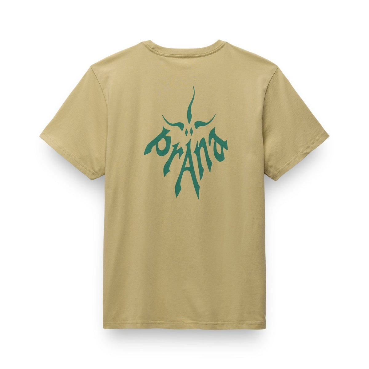 Beige t-shirt with green tribal design on the back against a white background
