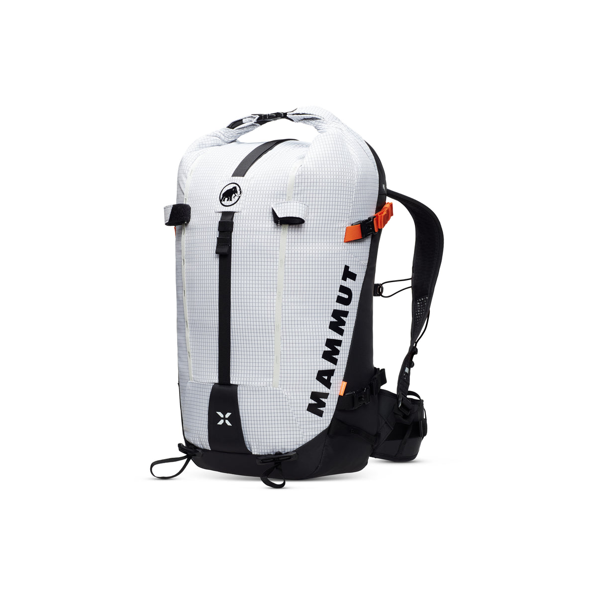 White backpack with black straps and Mammut branding on a white background