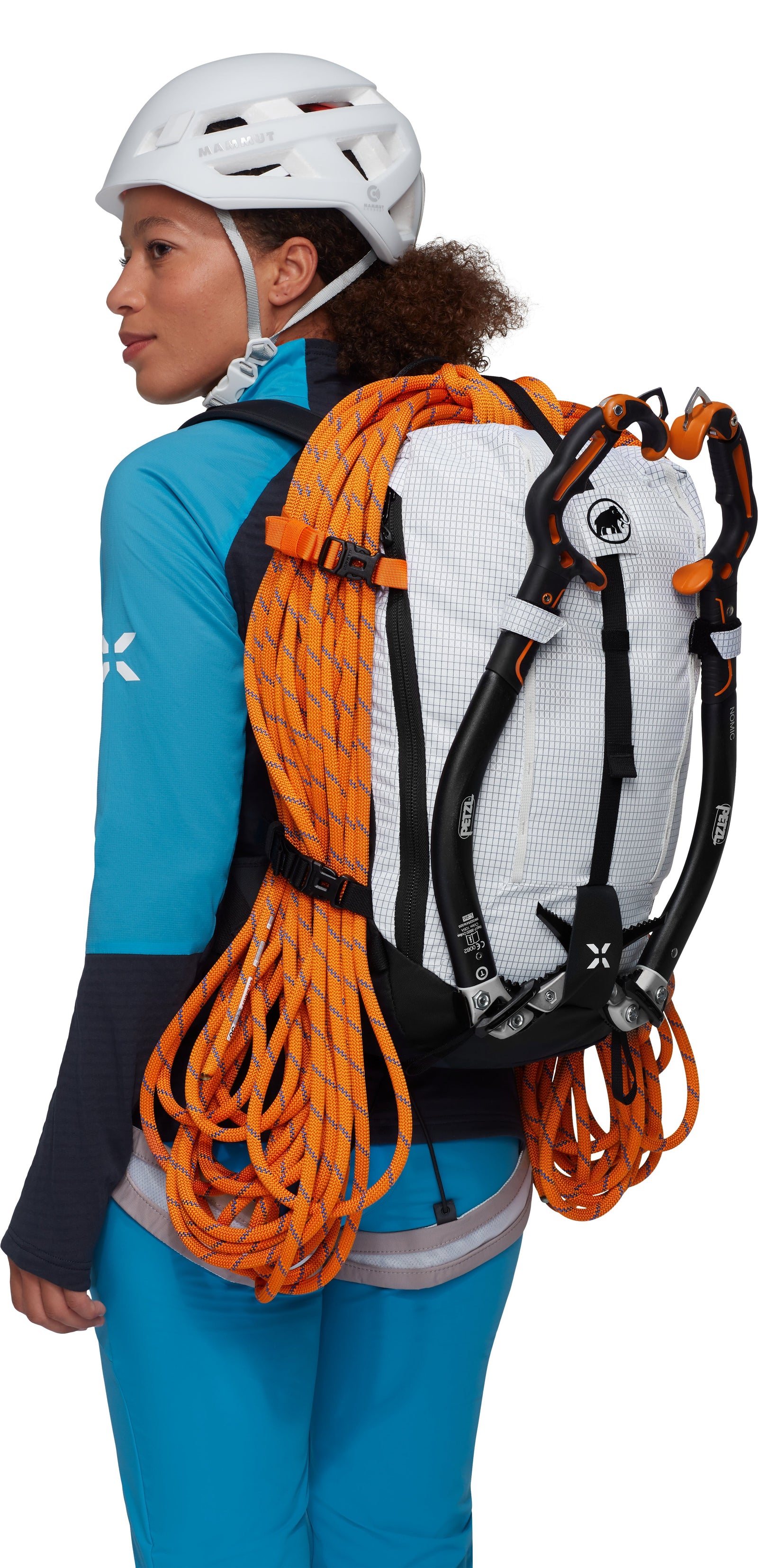White backpack with black straps and Mammut branding on a white background