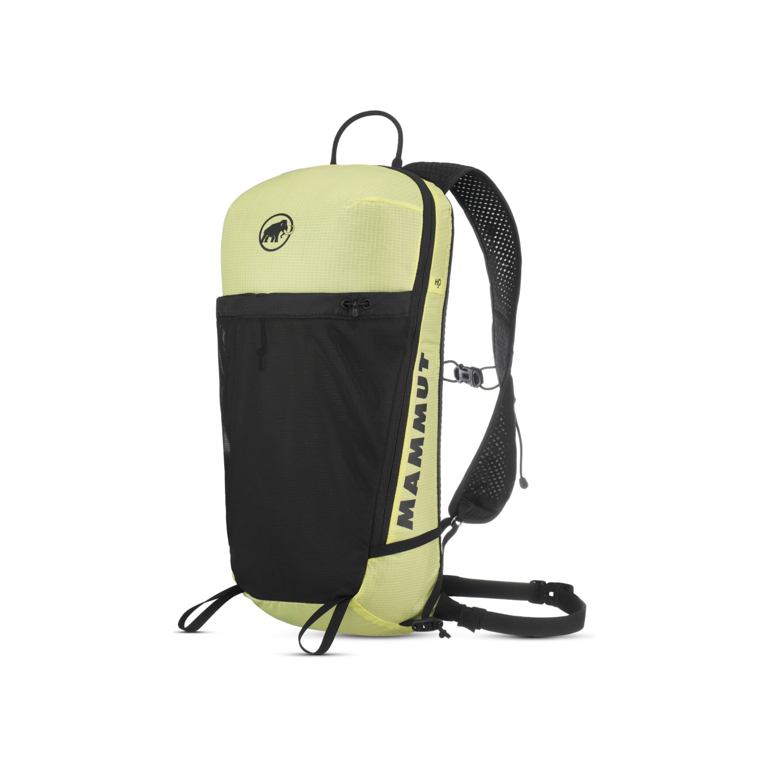 Yellow and black backpack with Mammut branding on a white background
