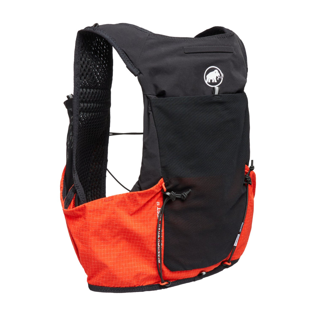 Black and orange running vest with a visible brand logo on a white background