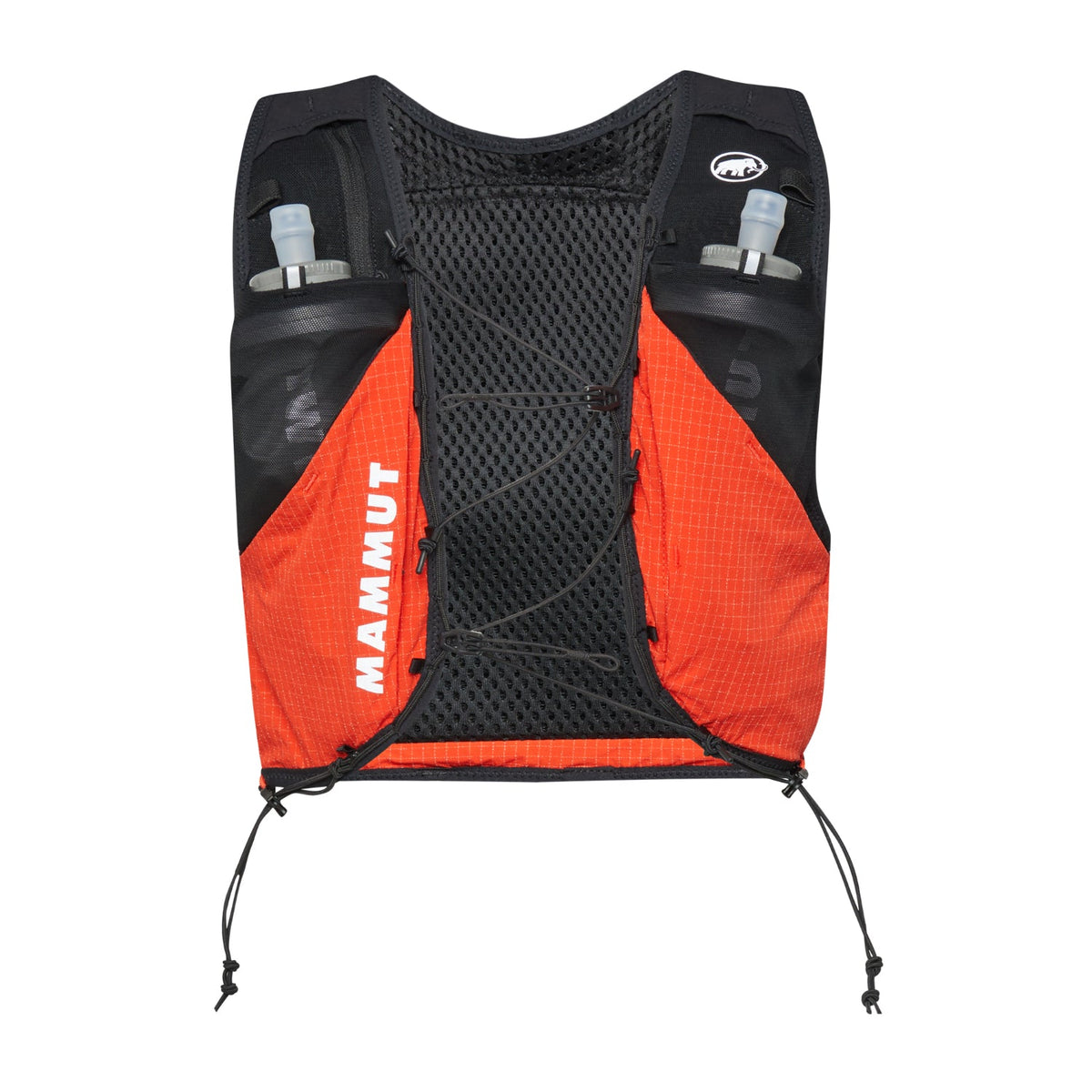 Red and black Mammut backpack on a white background