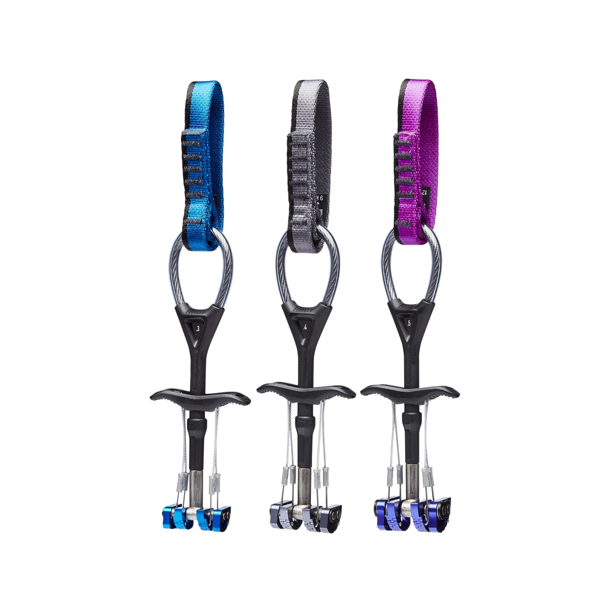 Three climbing devices with blue, black, and purple components on a white background