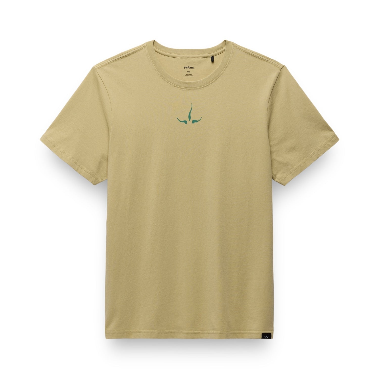 Beige t-shirt with green tribal design on the back against a white background