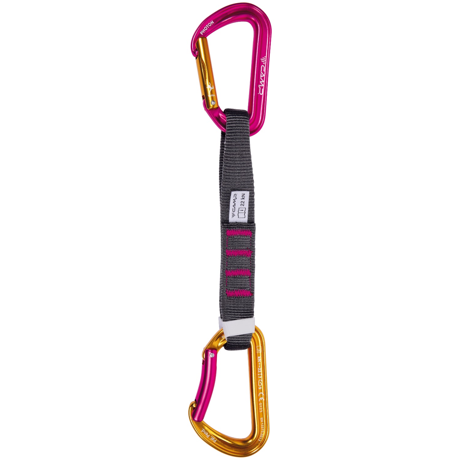 Two carabiners with a strap on a white background