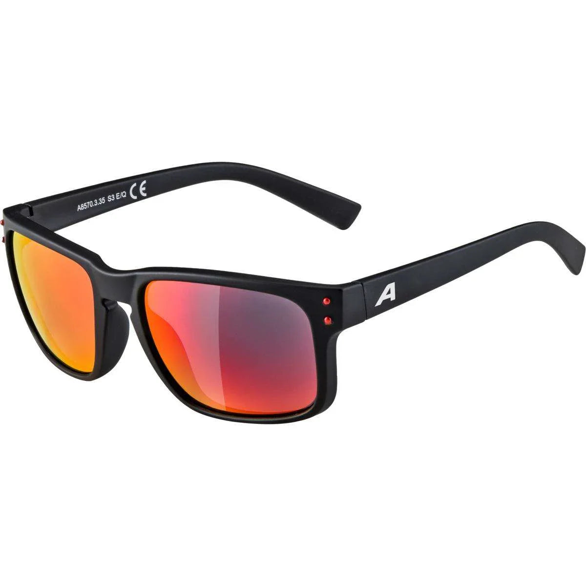 Black sunglasses with red-tinted lenses on a white background