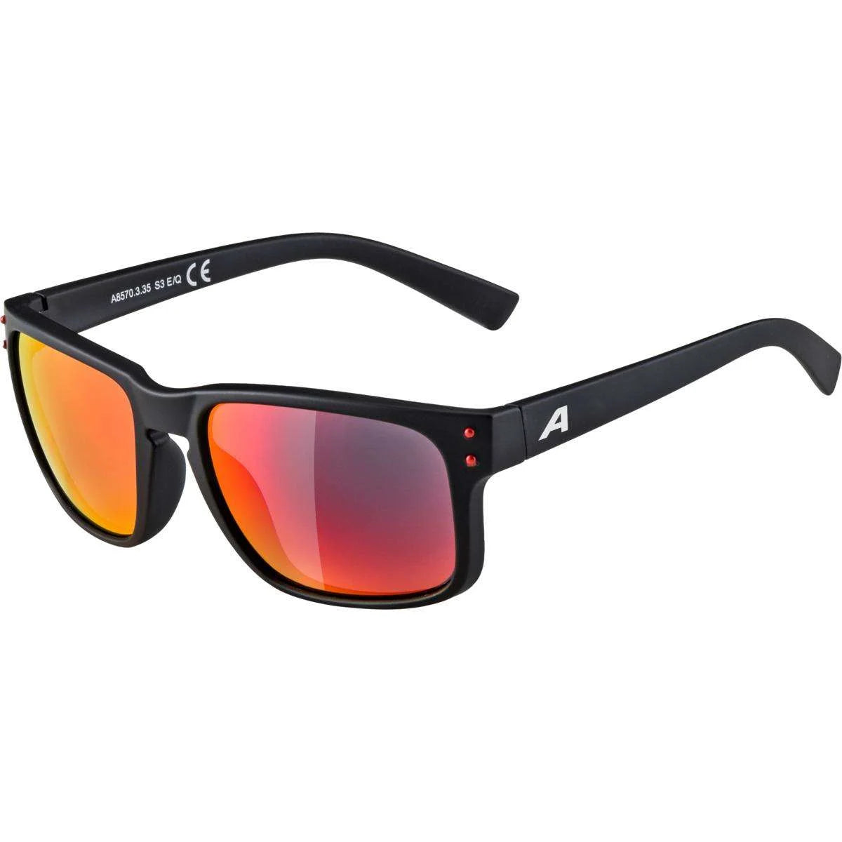 Black sunglasses with red-tinted lenses on a white background