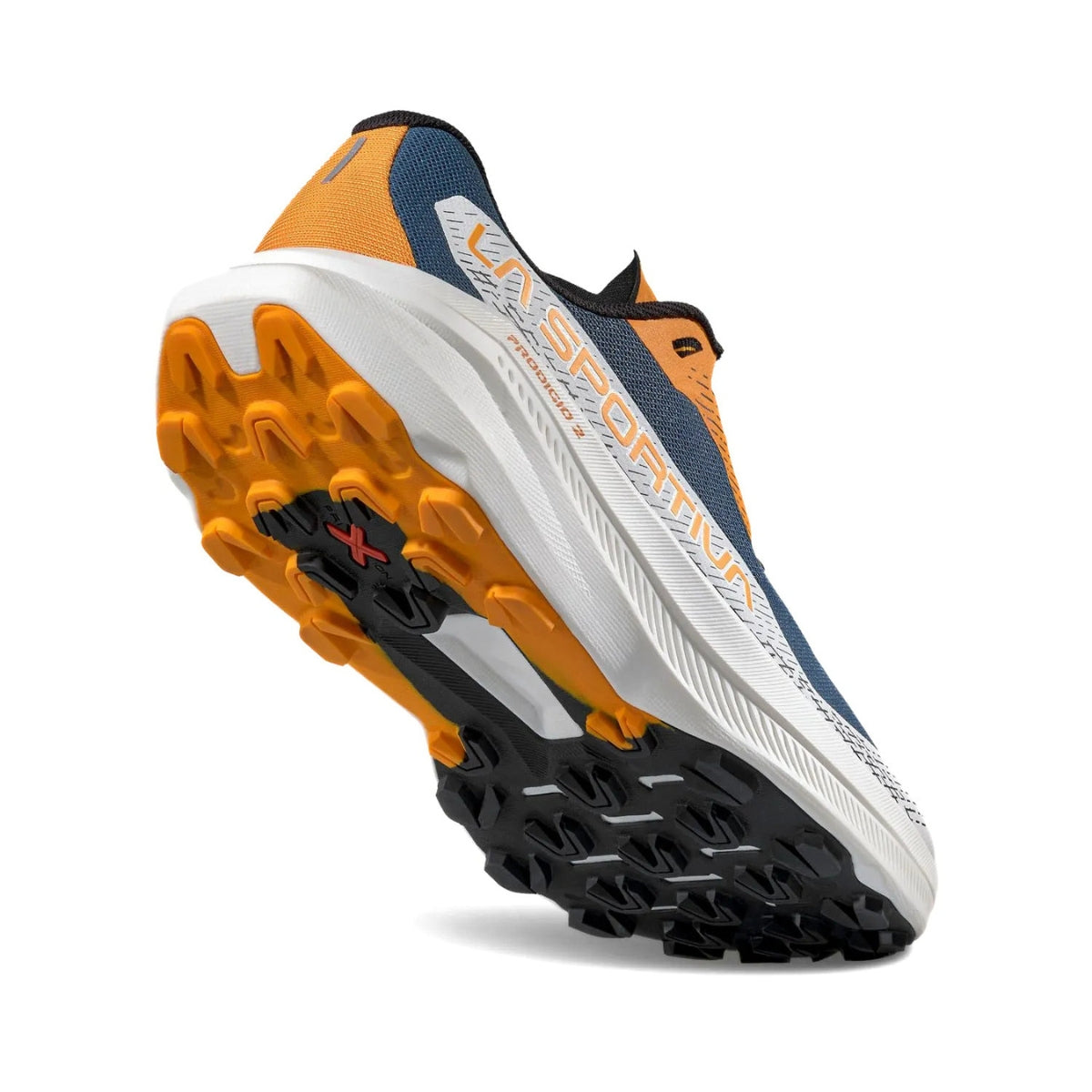 Blue and orange running shoe with white sole on a white background