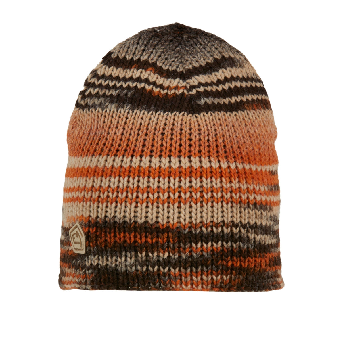 Knitted beanie with brown, orange, and beige stripes on a white background