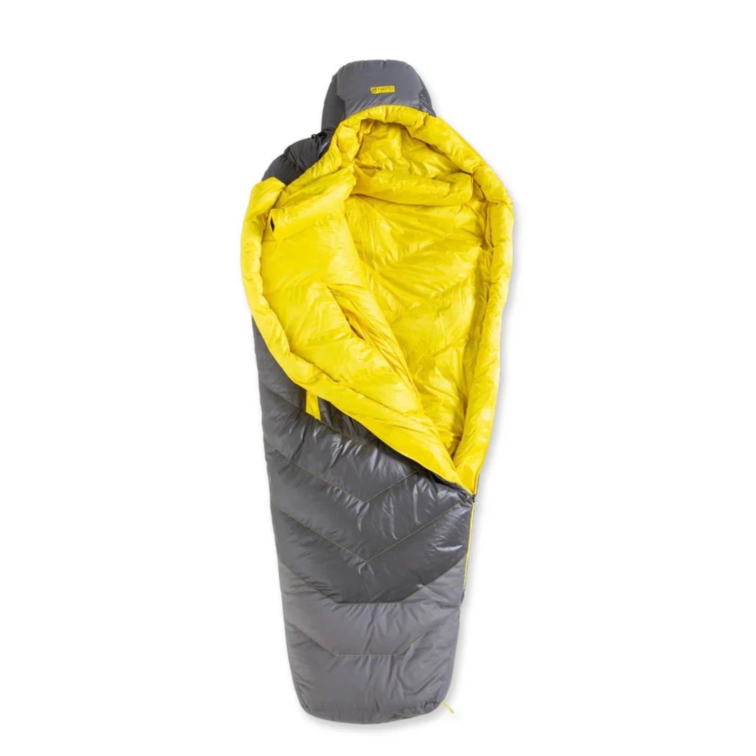 Gray and yellow sleeping bag on a white background