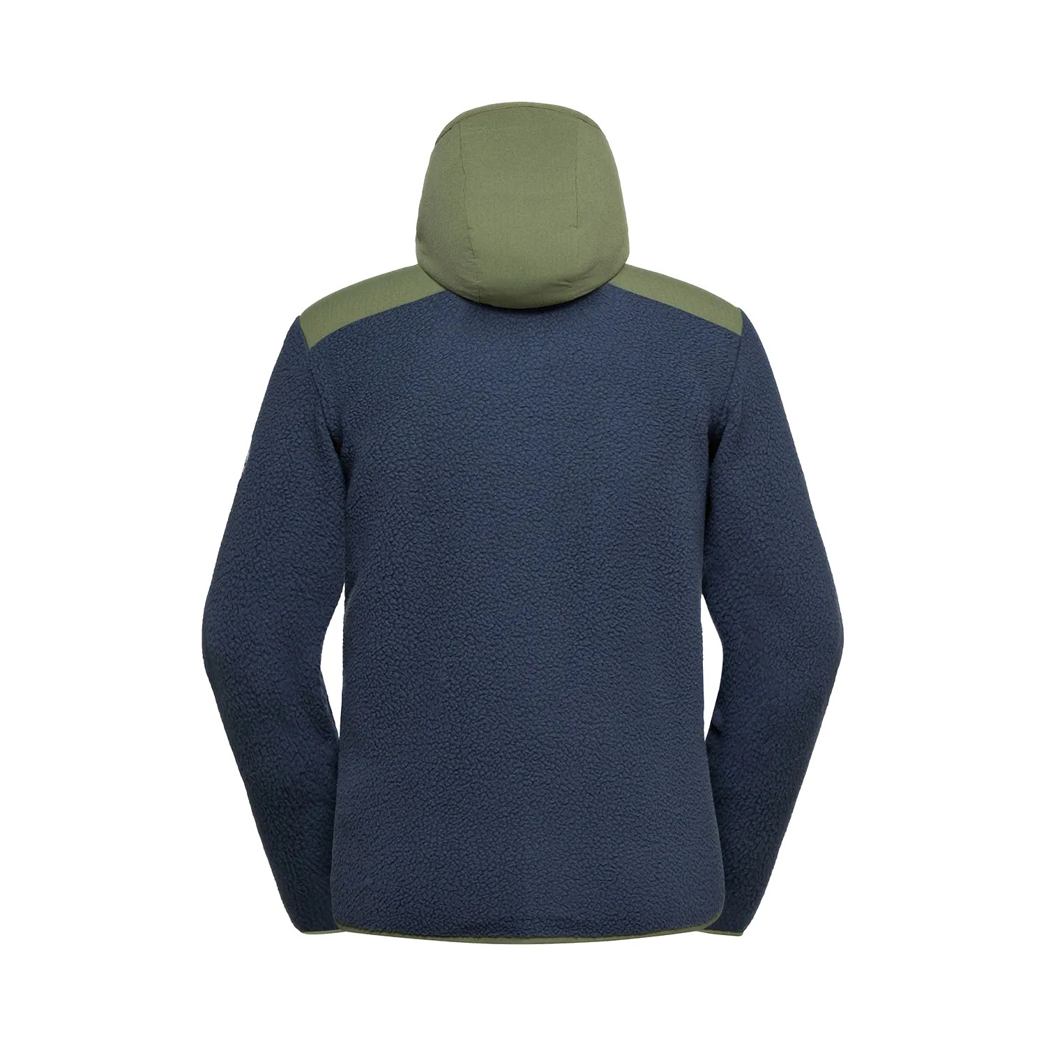 A men's pullover fleece jacket with a color-blocked design, featuring an olive green yoke and hood with a navy blue lower body and sleeves. The brand 'LA SPORTIVA' is printed across the chest.