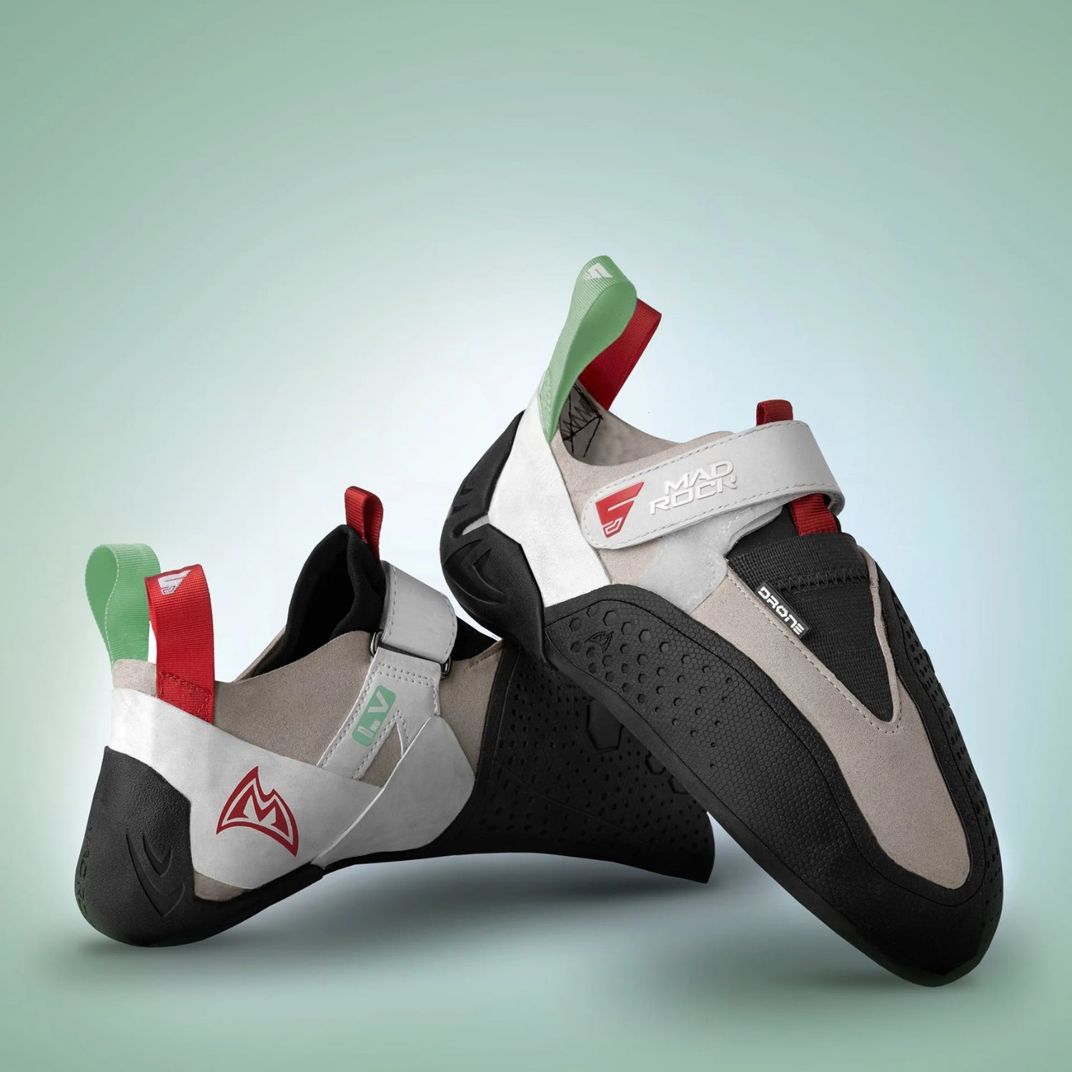Climbing shoe with beige, black, and red design on a white background