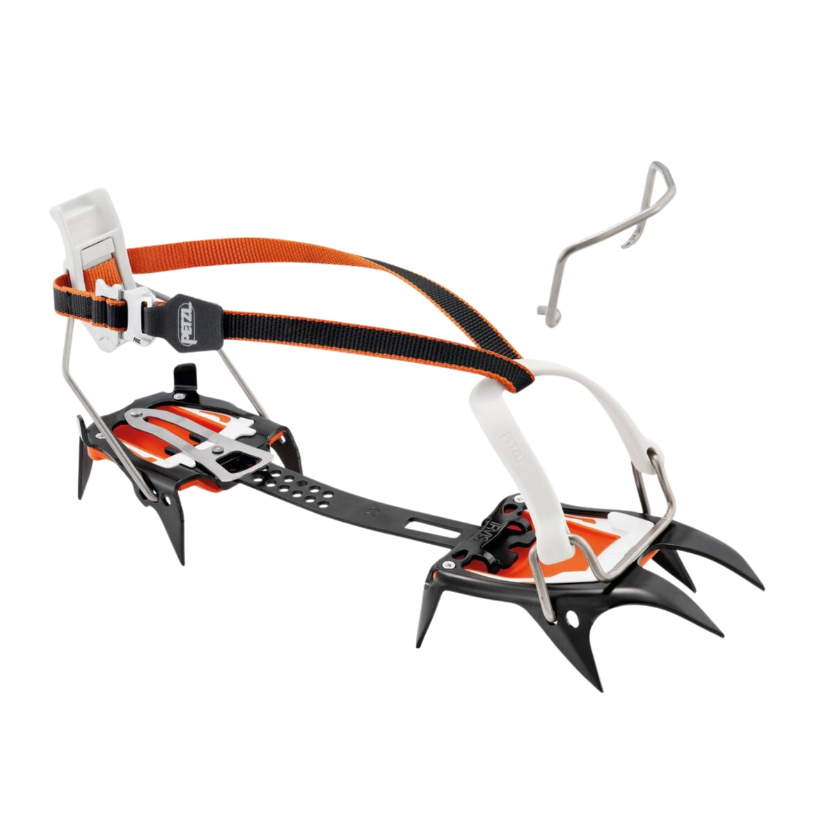 Climbing crampon with orange straps on a white background