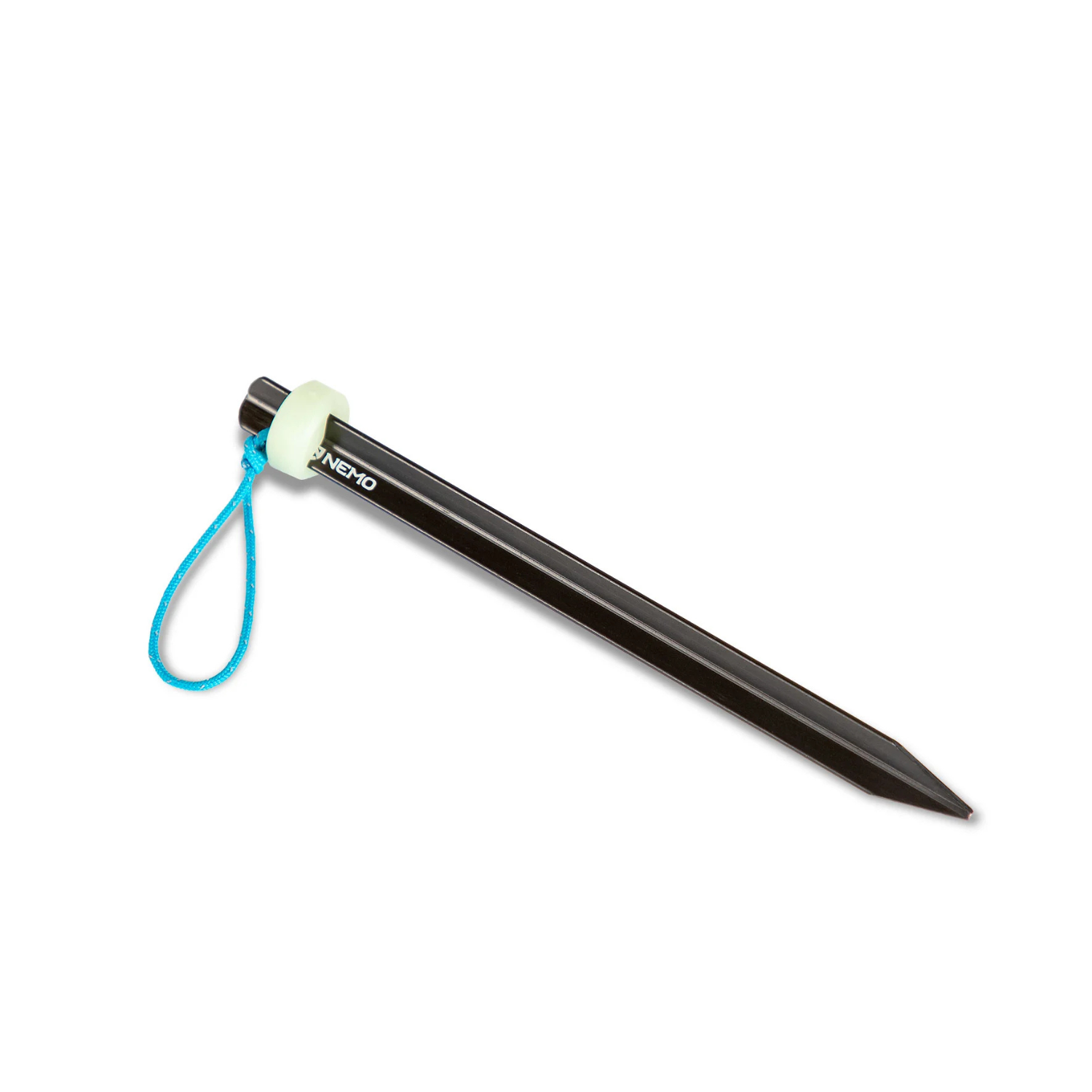 Set of black tent stakes with white ends and blue strings on a white background