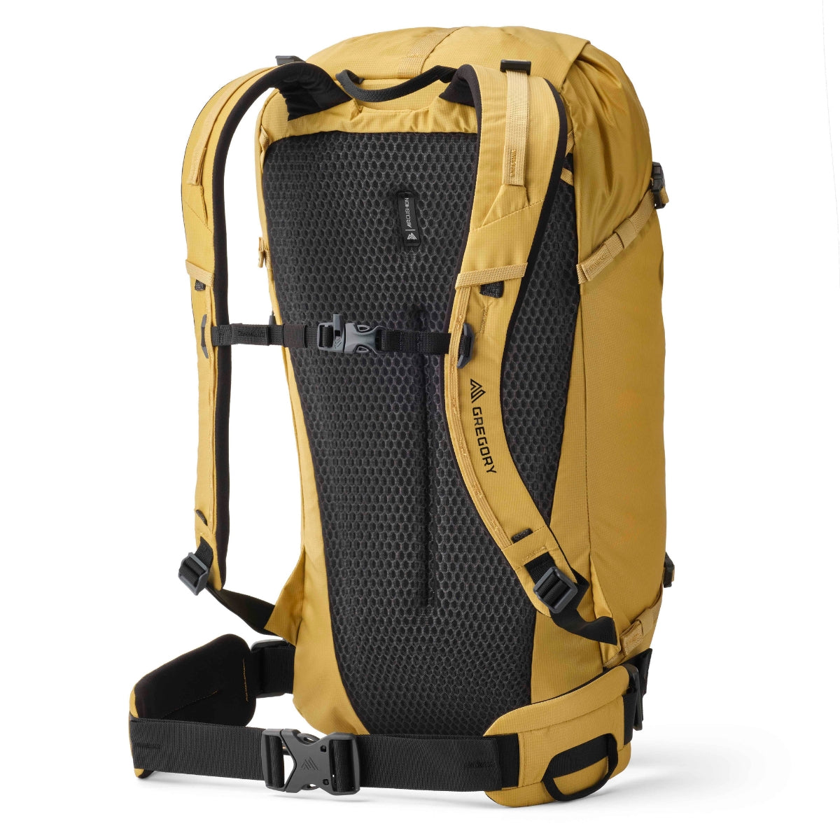 Yellow backpack with black straps on a white background