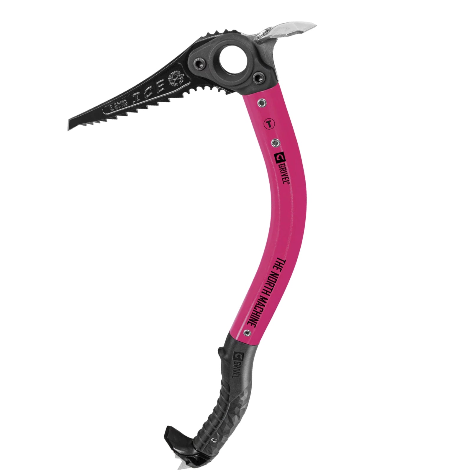 Pink ice axe with black grip on a white background