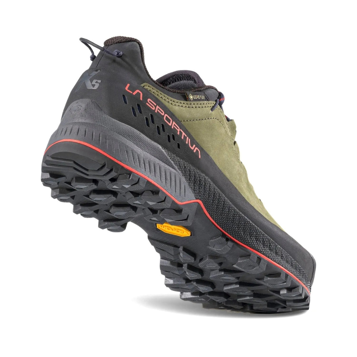 Green hiking shoe with black sole on a white background