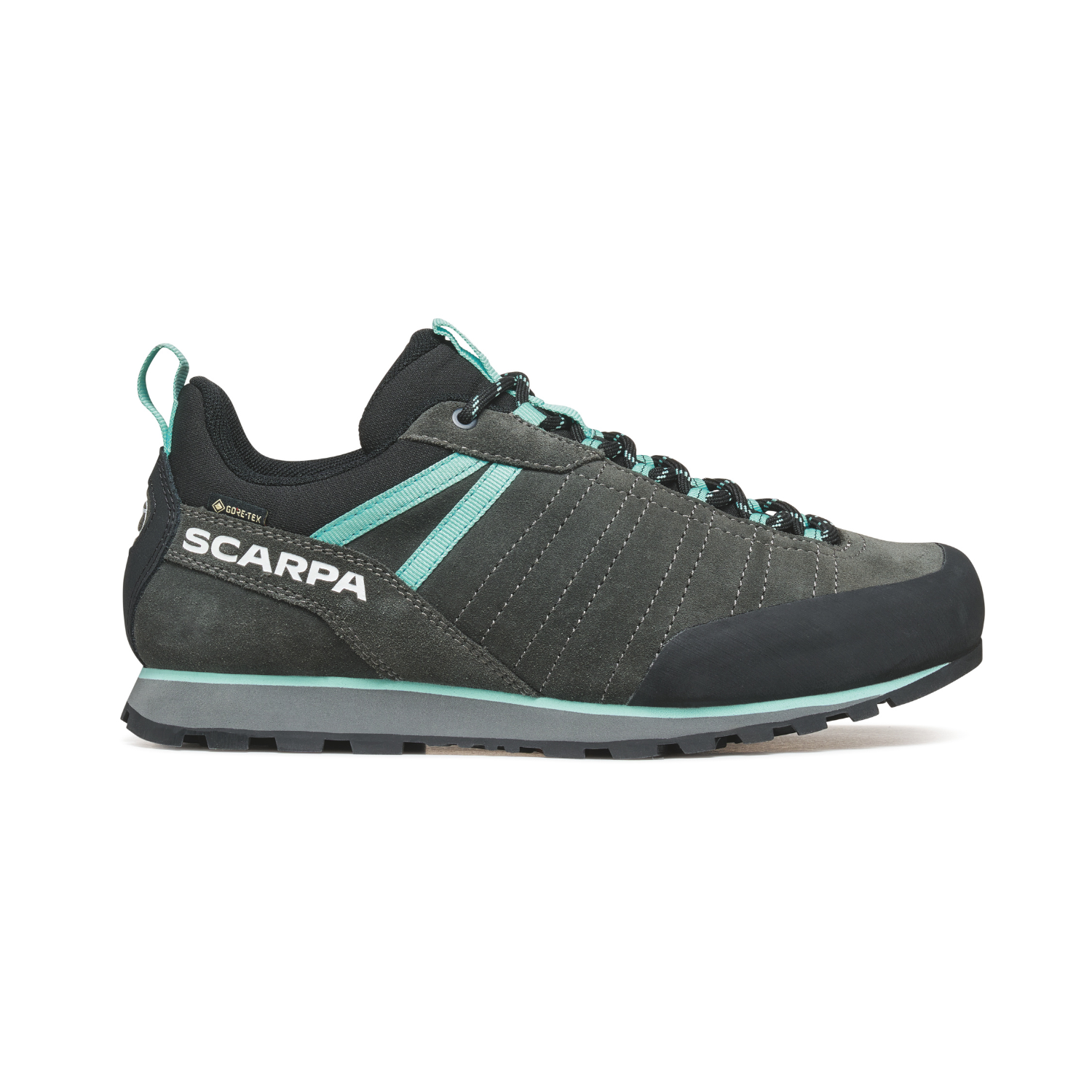 Grey and Aqua approach shoe with 'Scarpa' branding on a white background