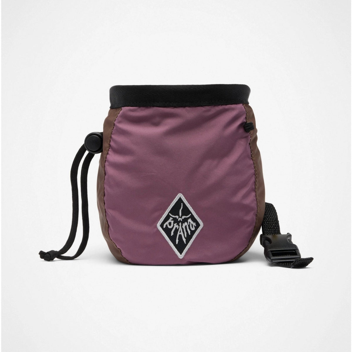 Purple and brown chalk bag with a logo on a white background