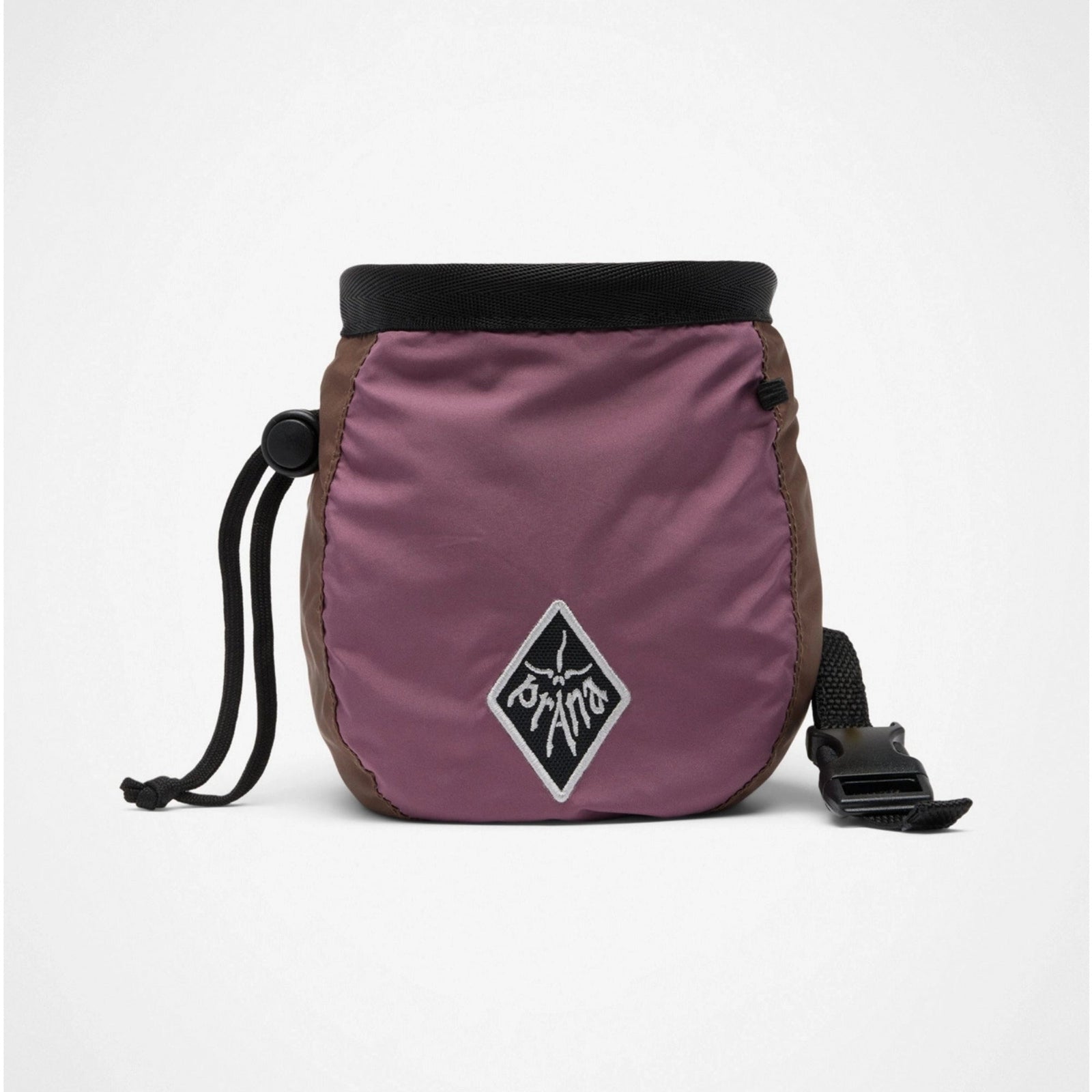 Purple and brown chalk bag with a logo on a white background