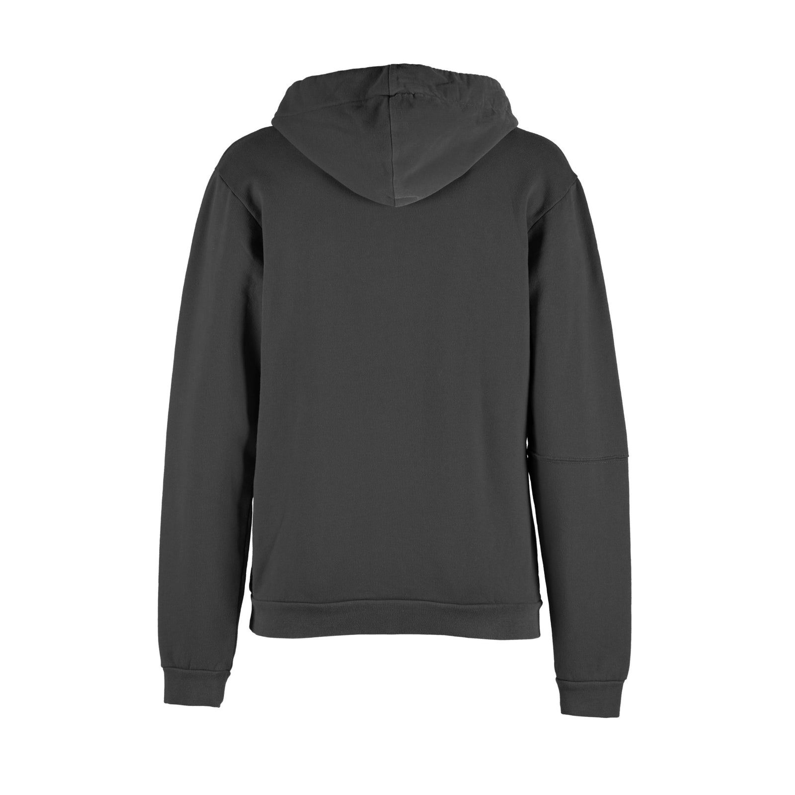 Black hoodie with a small design on the sleeve against a white background
