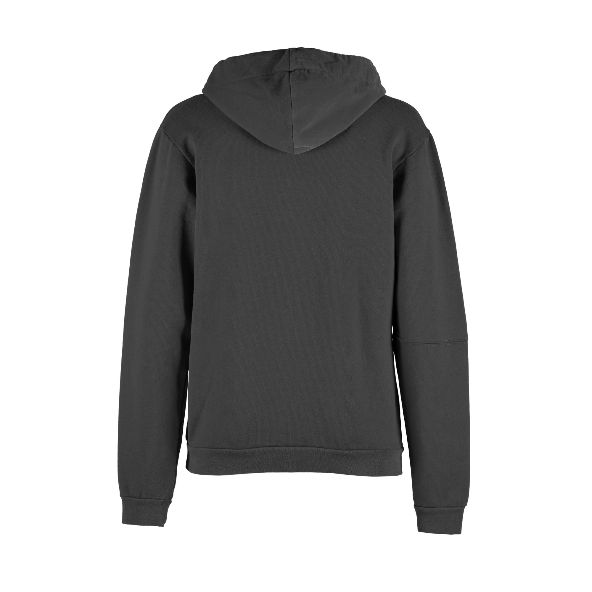 Black hoodie with a small design on the sleeve against a white background