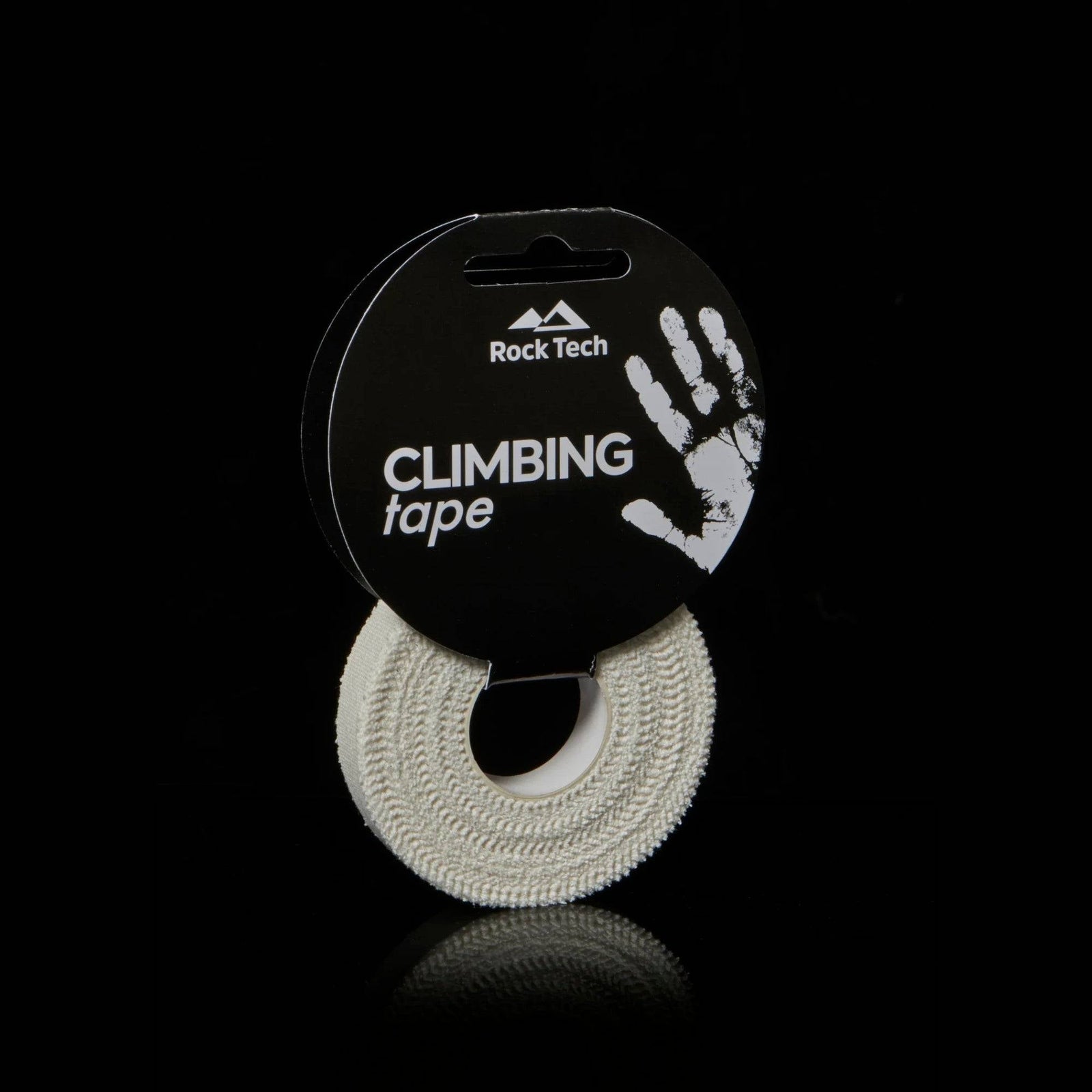 Rock Tech climbing tape packaging with white climbing tape on a black background