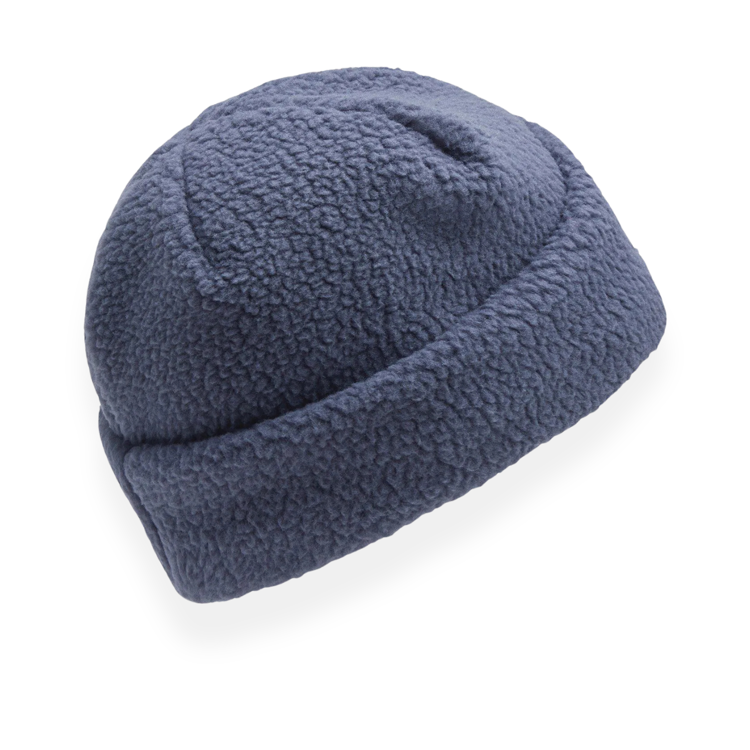 A navy blue fleece beanie hat with the brand name 'La Sportiva' embroidered in light grey on the front, shown on a clean white background.