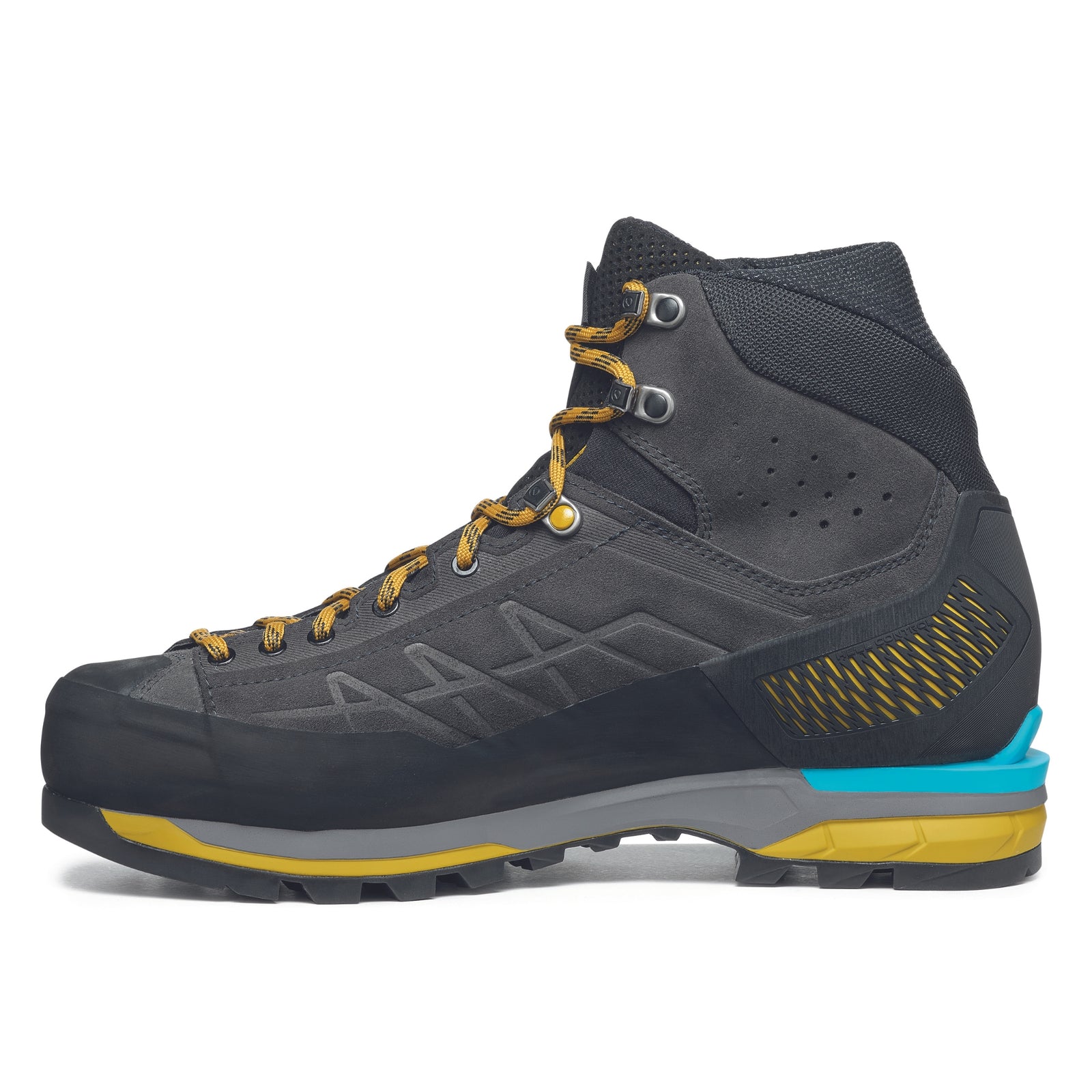Scarpa Zodiac Tech GTX mens boots in anthracite sulphur colour. Showing side on view.