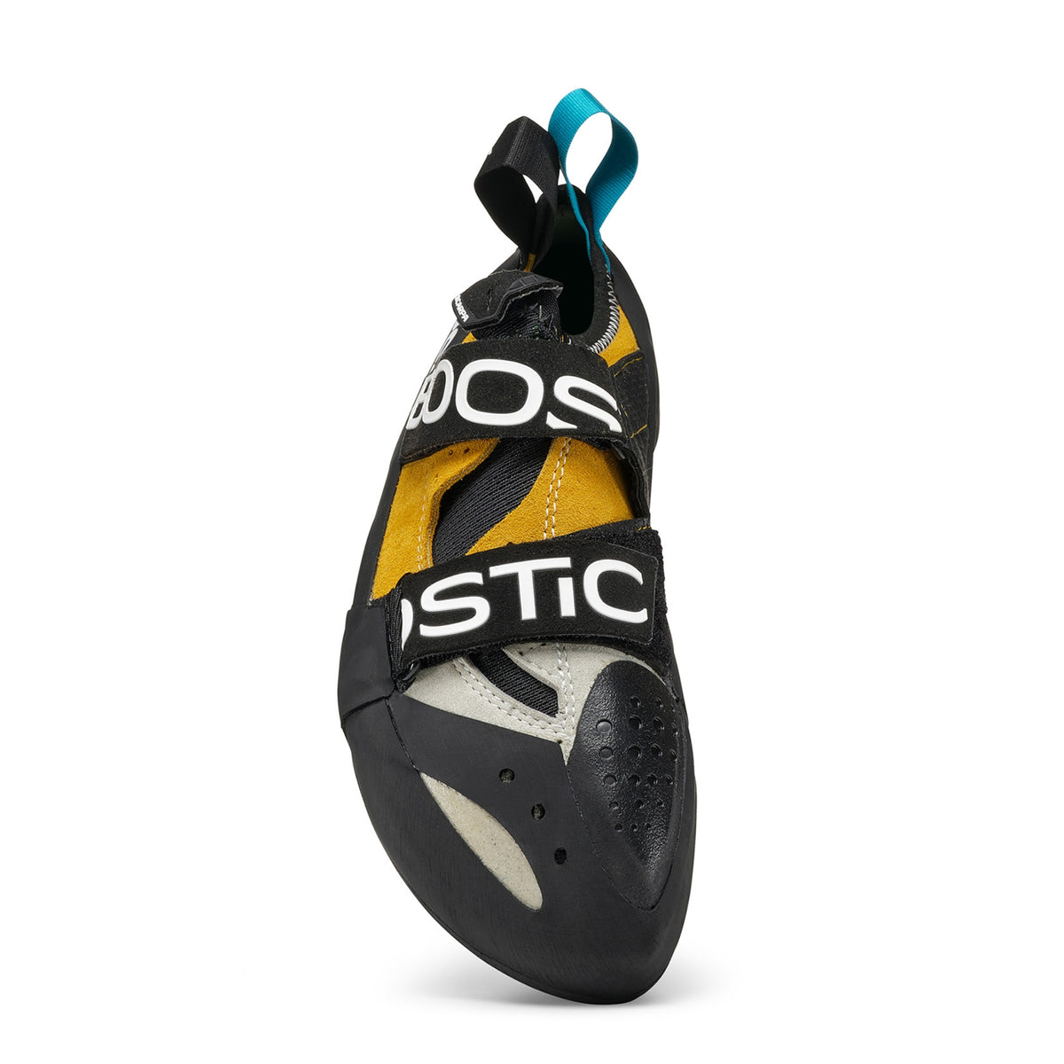 Black and yellow climbing shoe with 'Oso' branding on a white background