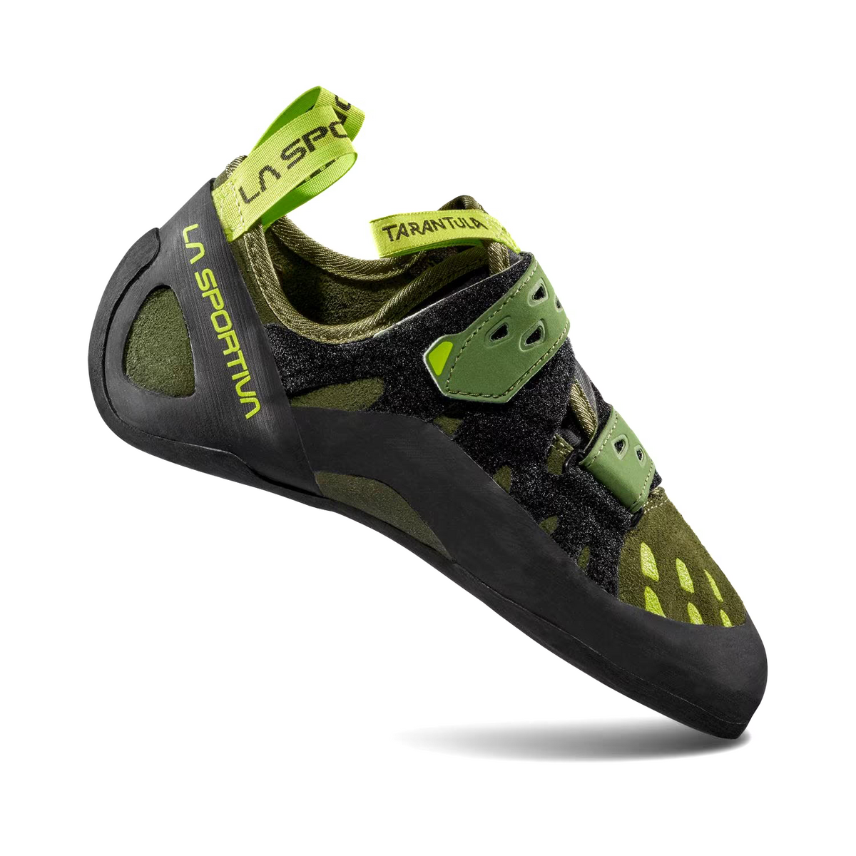 La Sportiva Tarantula climbing shoes in olive green with bright green trim detail