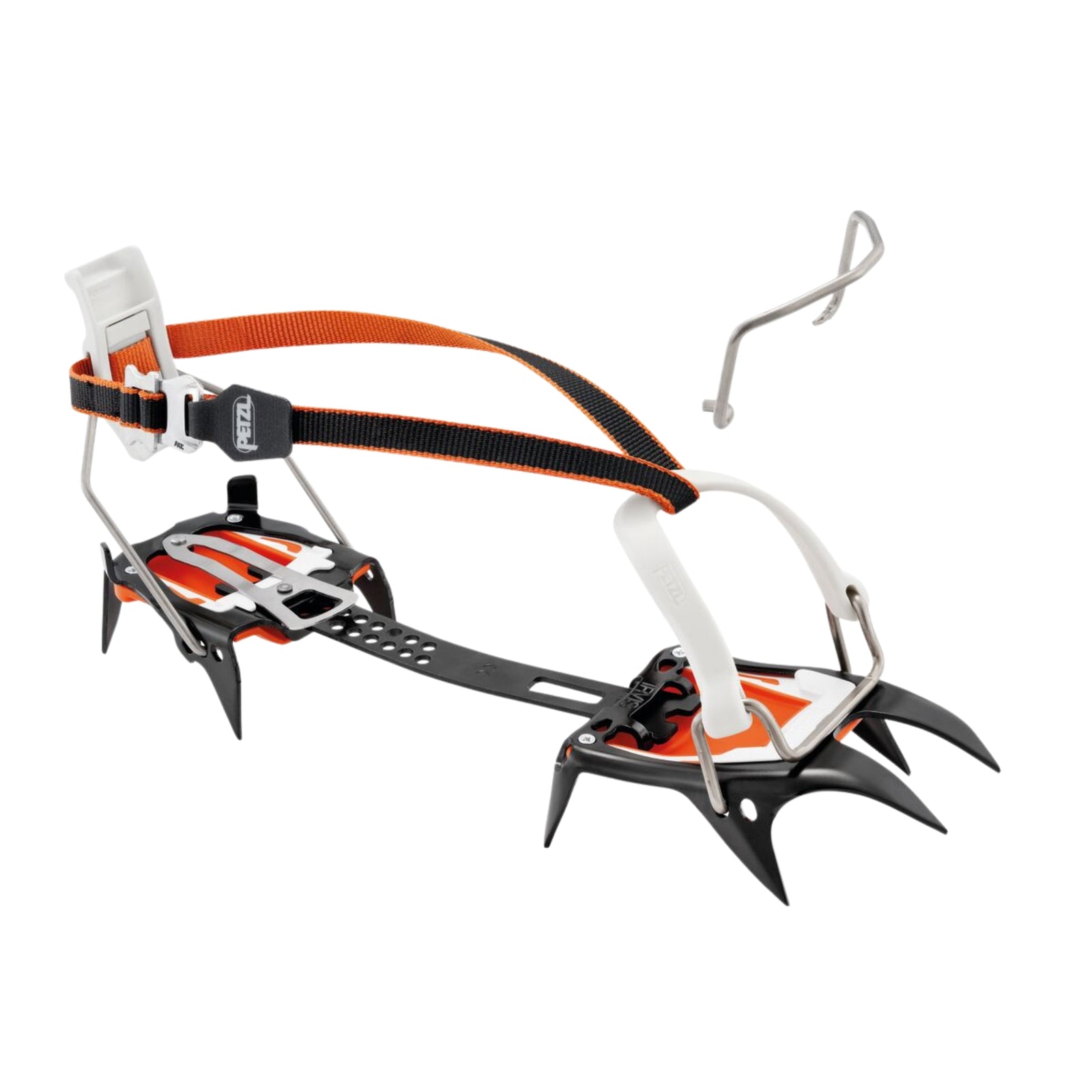 Ice climbing crampon with orange straps on a white background