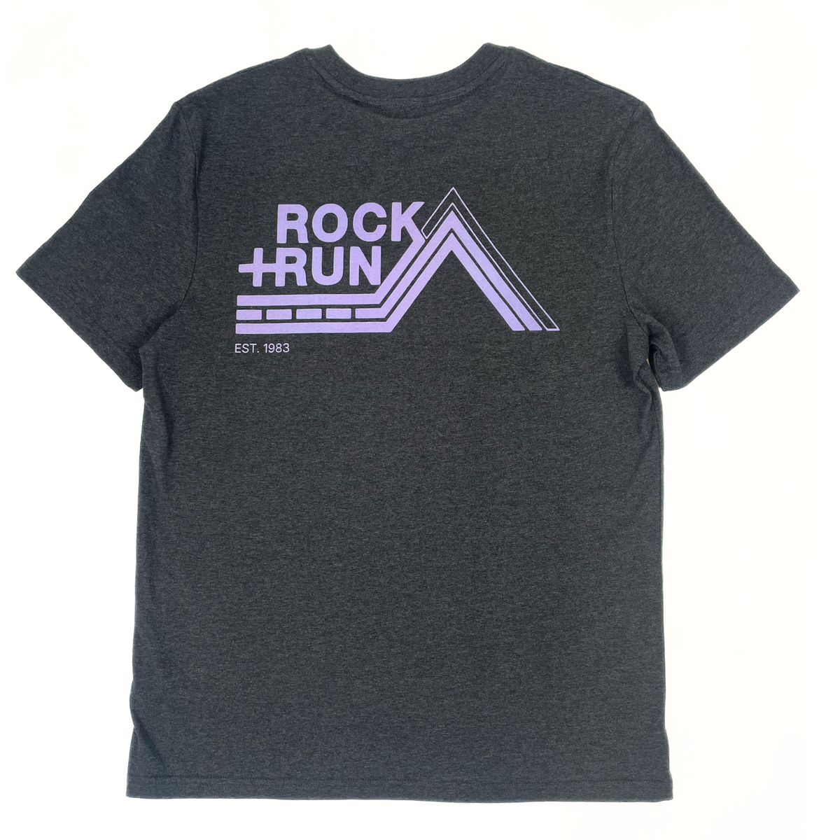 Gray t-shirt with purple 'Rock Run' logo on a white background