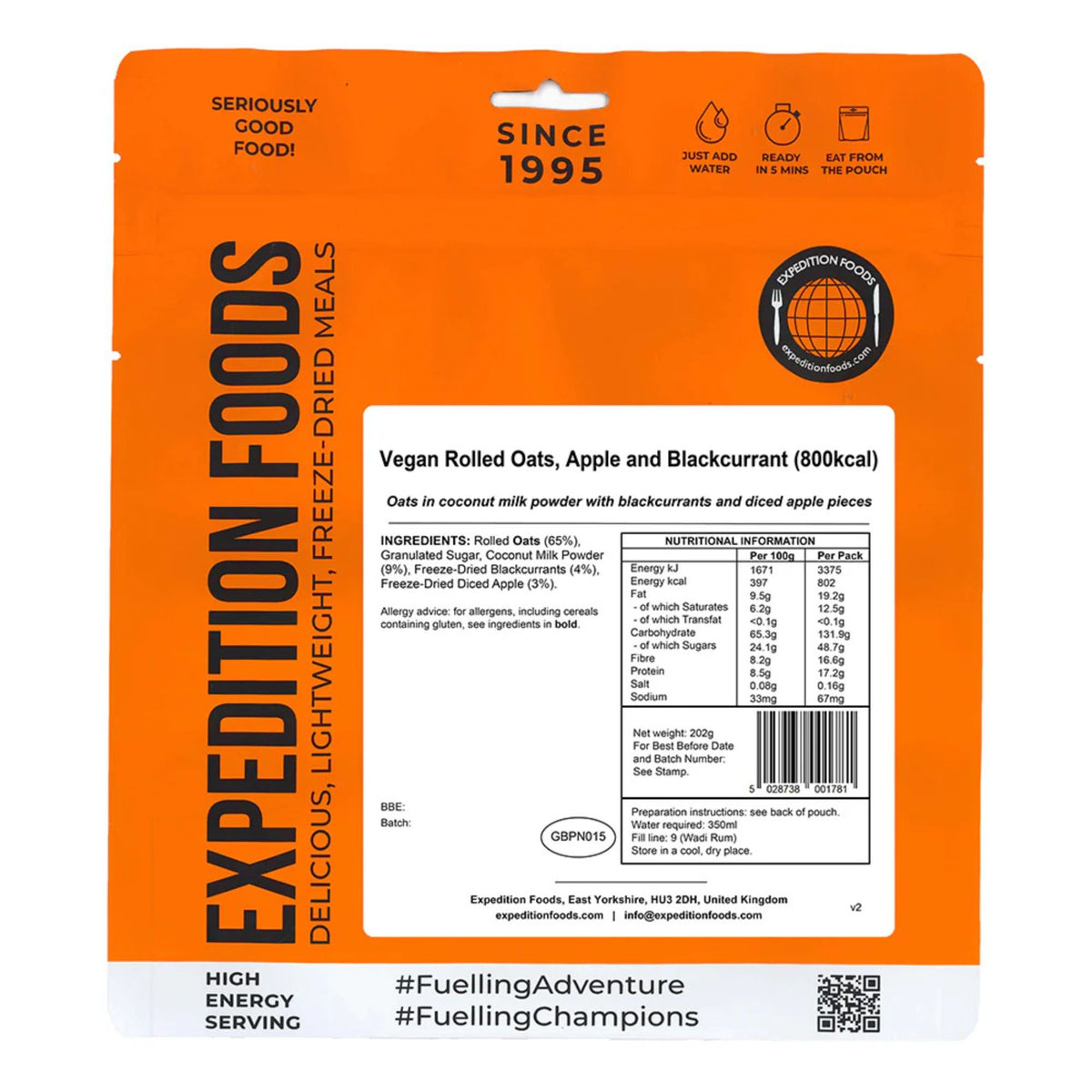 Expedition Foods Vegan Rolled Oats, Apple and Blackcurrant (800kcal)