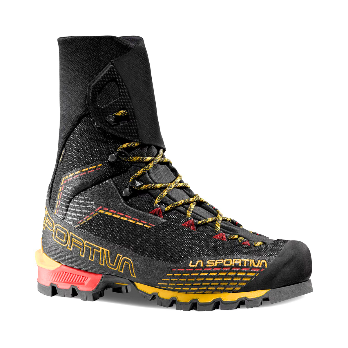 La Sportiva Trango Pro Gtx boots in black with yellow and red trim