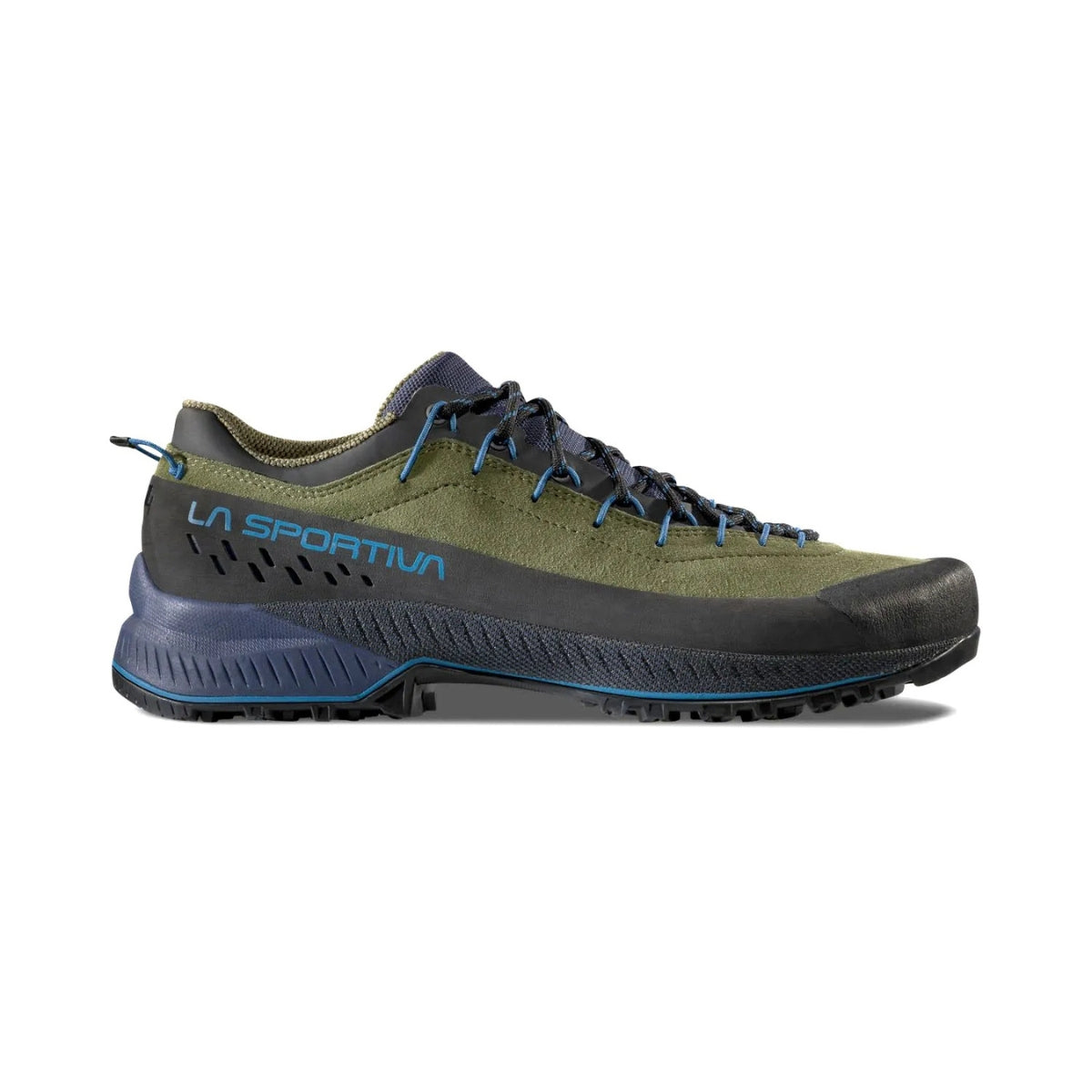 Green and black hiking shoe with 'La Sportiva' branding on a white background