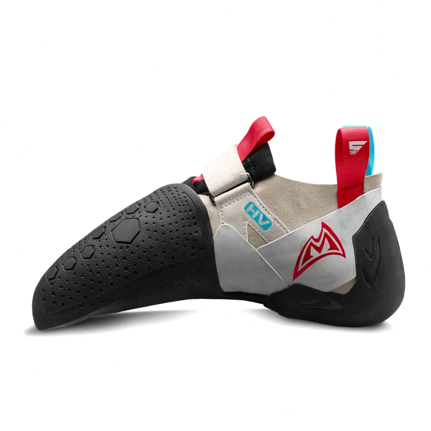 Climbing shoe with beige, black, and red design on a white background