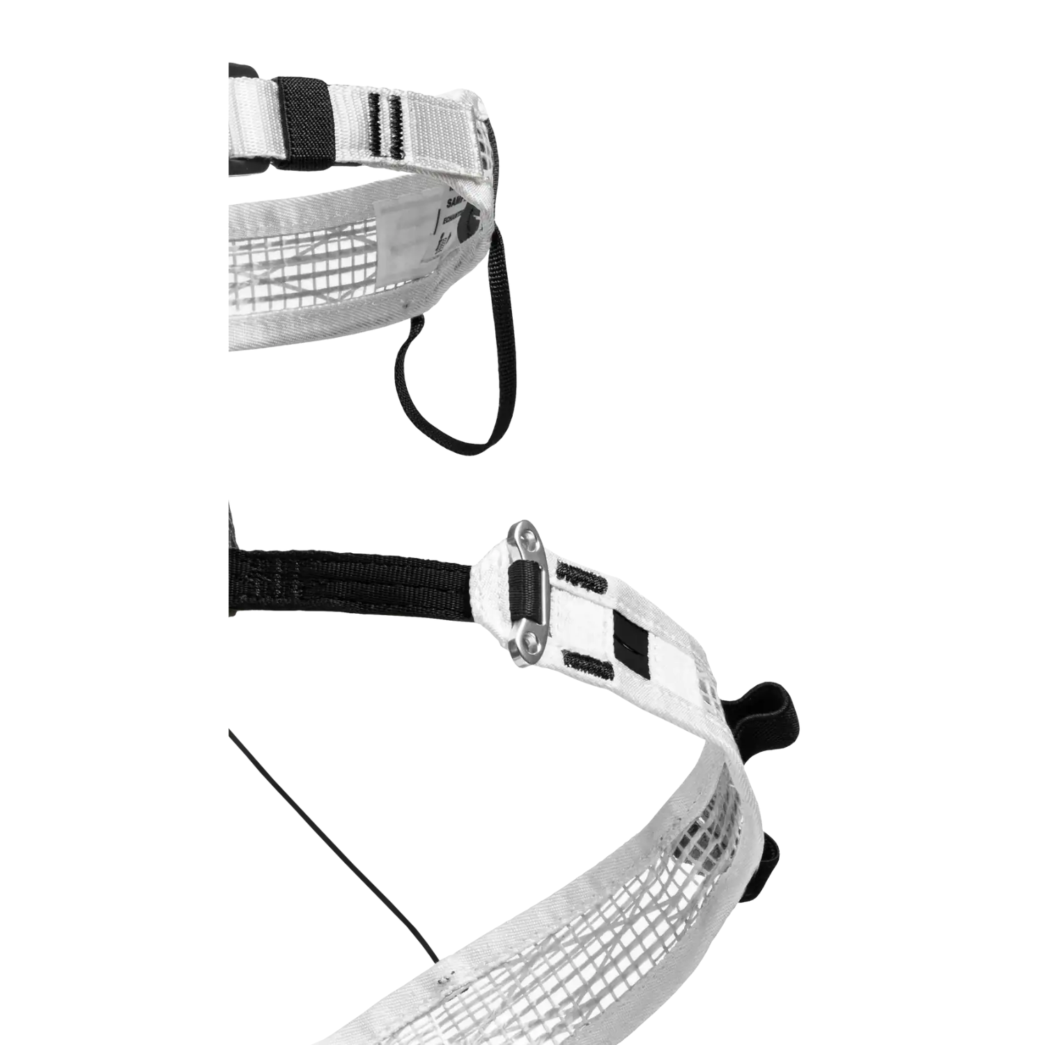 A white reflective climbing harness with black adjustable straps and buckles, shown against a plain white background.