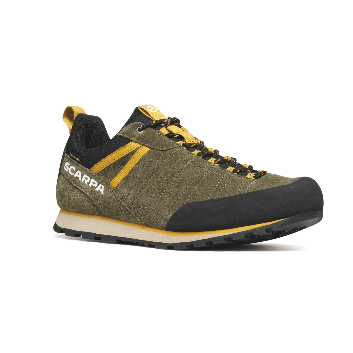 Scarpa crux waterproof shoe in green and yellow on a white background