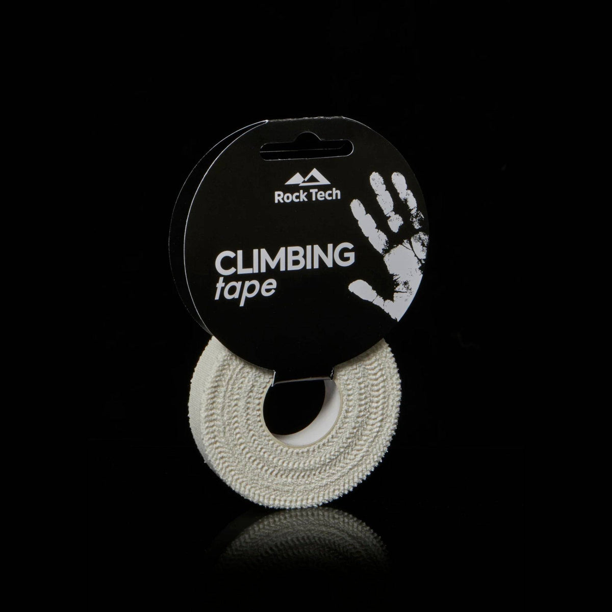 Rock Tech climbing tape with packaging on a black background