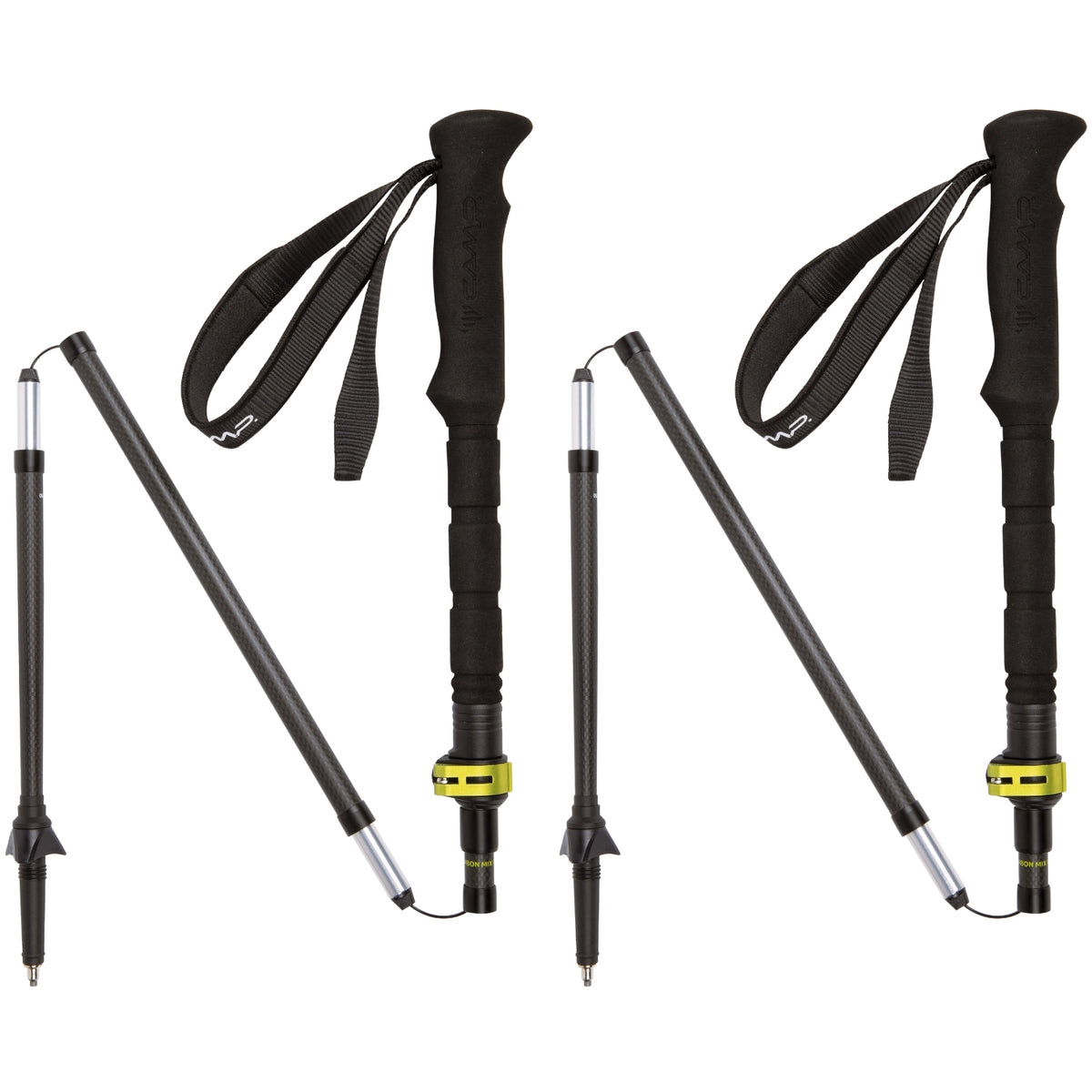 Two black hiking poles with adjustable shafts on a white background