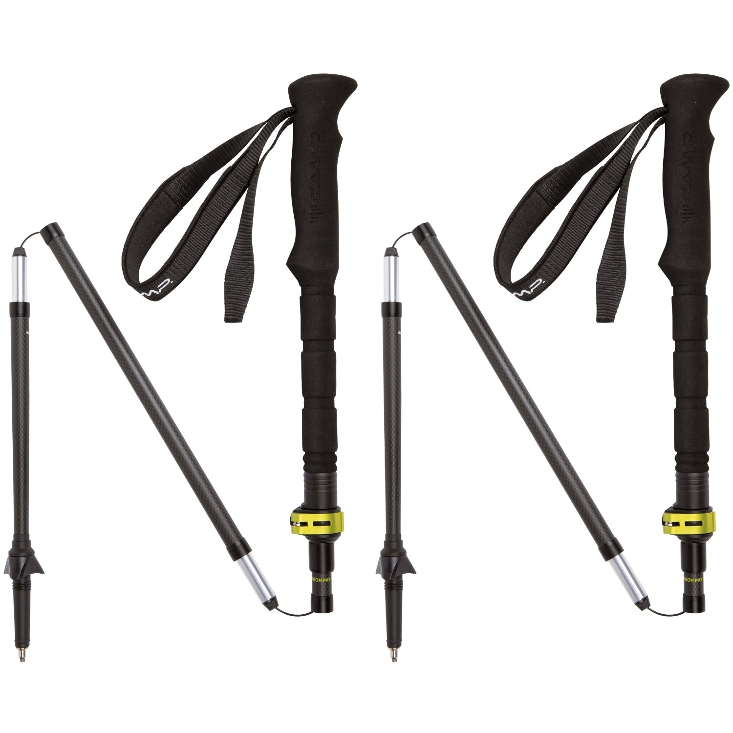 Two black hiking poles with adjustable shafts on a white background