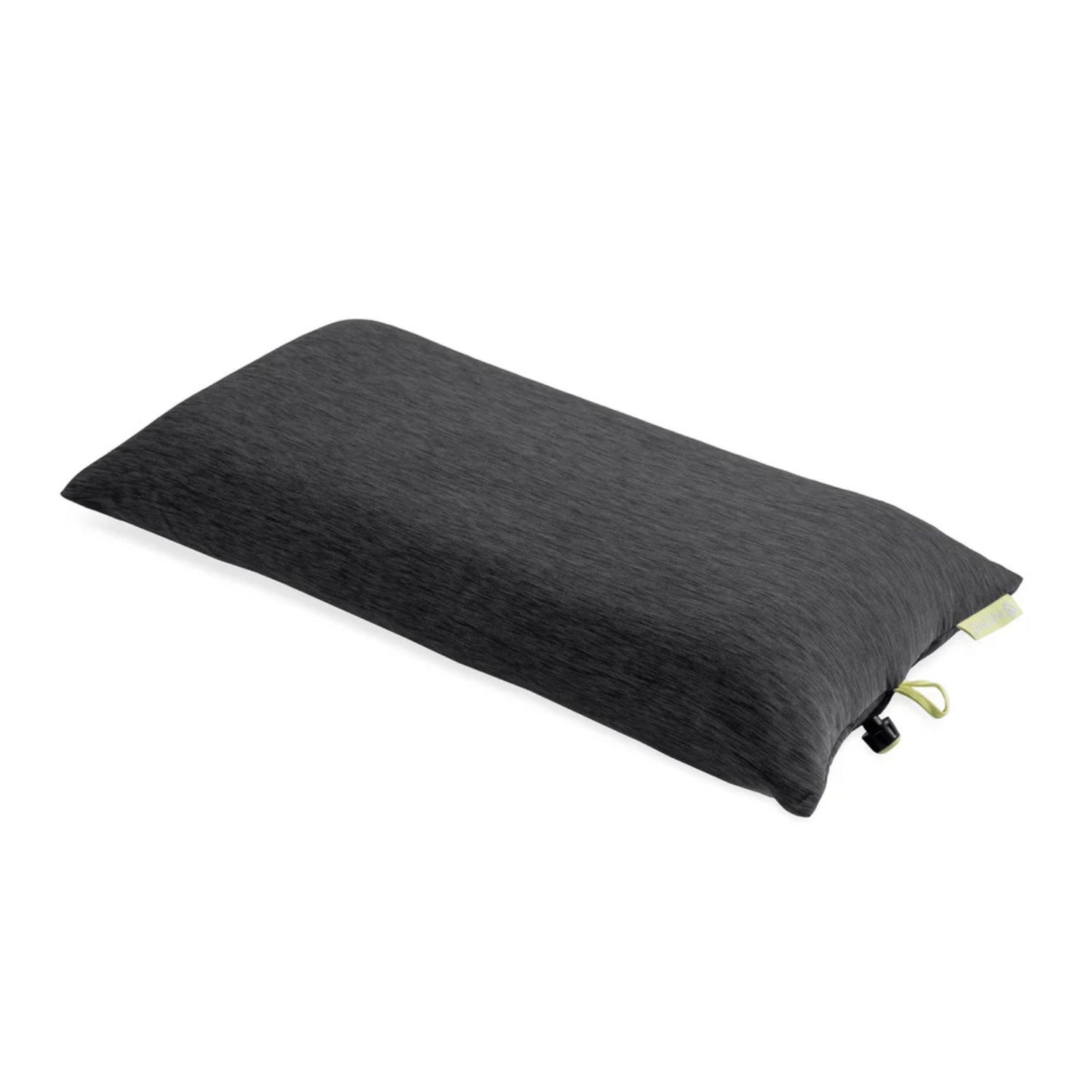 Dark gray pillow with yellow accents on a white background