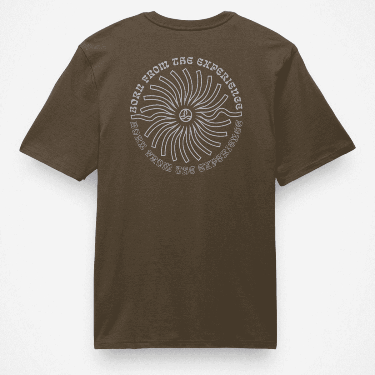 Back view of Prana Lands Beginning T-Shirt featuring large circular sunburst graphic with 'Born From The Experience' text.
