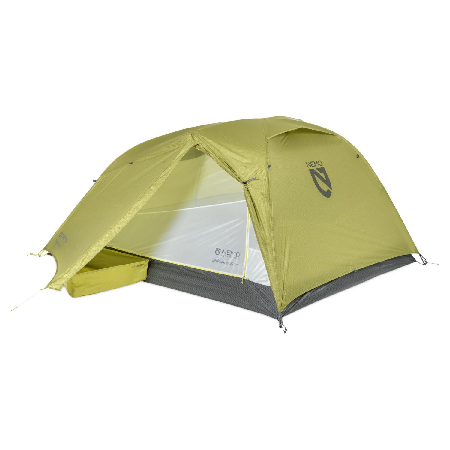Green camping tent with a white interior on a white background